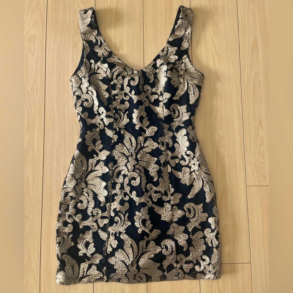 Ark & Co Sequin Black Mini Dress Black Gold Holiday Party Cocktail Women Small